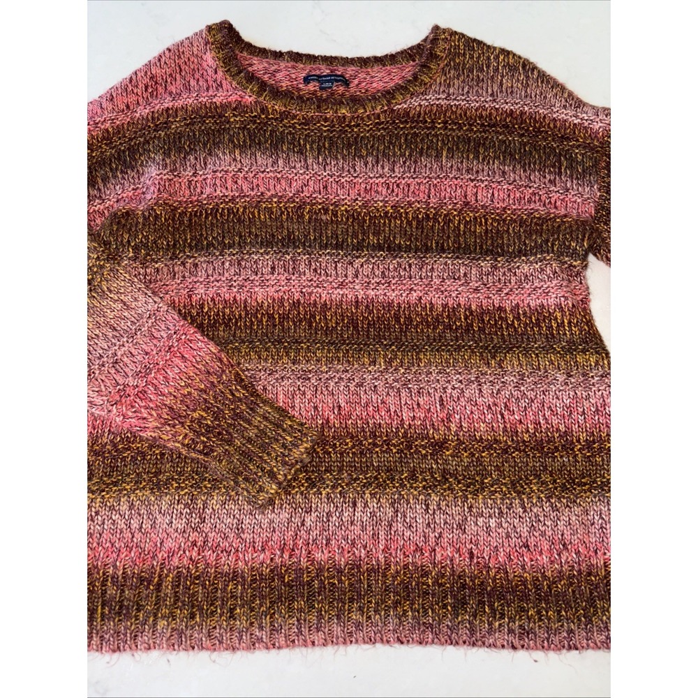 AEO American Eagle Orange/Pink Striped Knit Sweater Small Crewneck Space Dyed